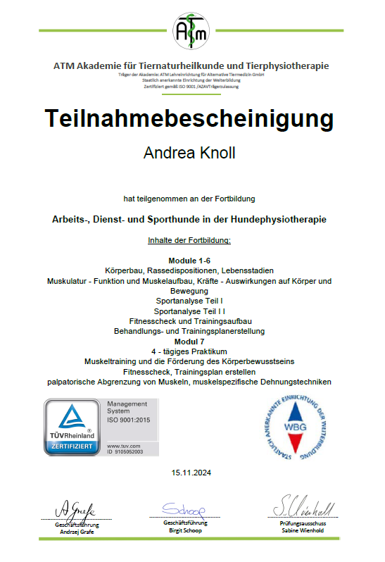 Teilnahmebescheinigung für Andreas Knoll, inklusive Kursdetails und Ausstellerinformationen.